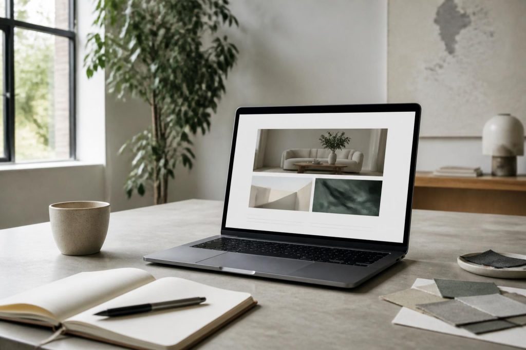 Modern workspace with a laptop showing a website layout.